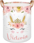 Personalized Laundry Basket, Custom Gift Laundry Hamper, Collapsible Nursery Waterproof Laundry Baskets, Dirty Clothes Toy Hamper with Handles Pink Floral Cute Bunny