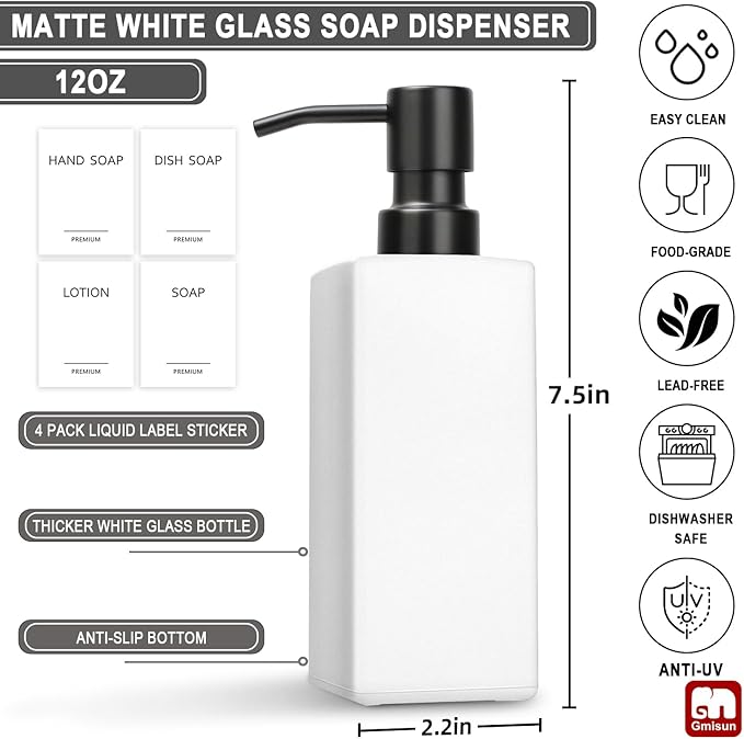 GMISUN White Soap Dispenser, Bathroom Hand Soap Dispenser, Glass Dispenser with Stainless Steel Pump, Kitchen Hand and Dish Soap Dispensers, 12 fl oz/350ml Liquid Refillable Soap and Lotion Bottle