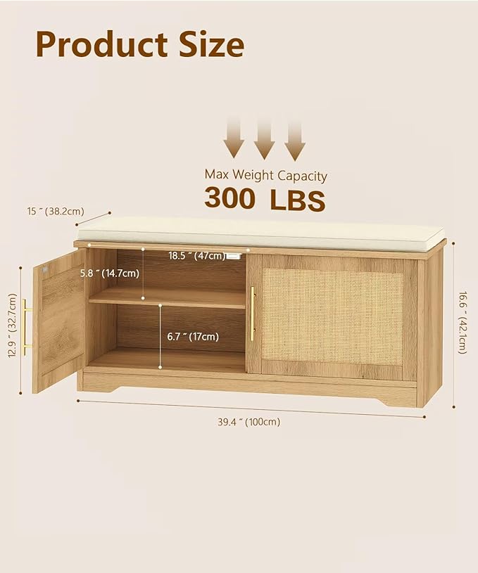 Rattan Shoe Storage Bench with Cushion, 39.4" Wide Entryway Bench with Adjustable Shelf, Hidden Shoe Organizer Cabinet, for Hallway, Living Room, Bedroom, Natural Oak