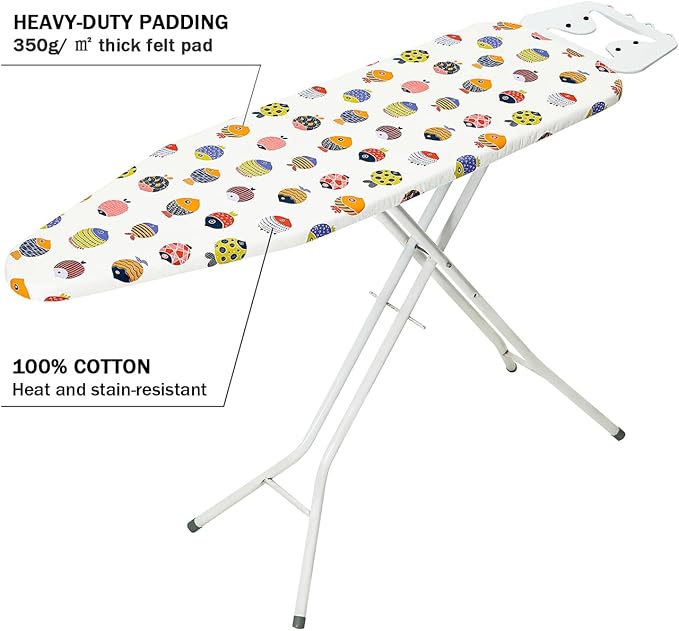 Ironing Board Cover and Pad Standard Size 15" x 54",3 Pairs of Hook and Loop Fastener Straps,Elastic Edges,Cotton Iron Board Cover with Scorch Resistant Thick Padding(White+Fishes)