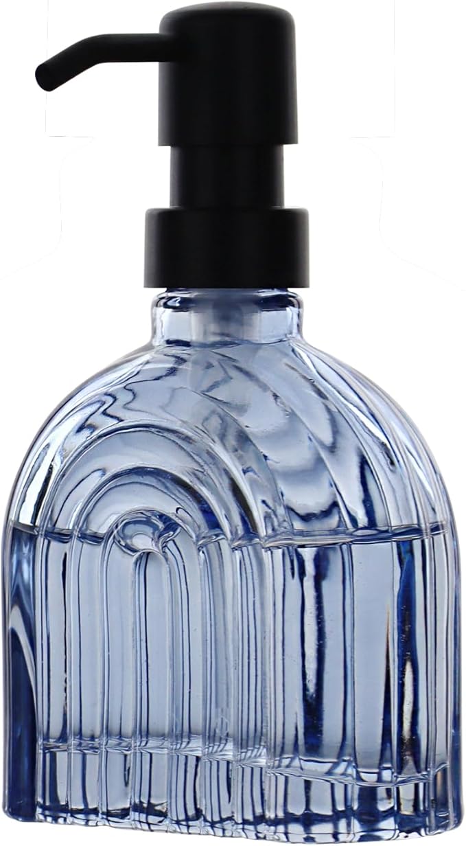 Glass Soap Dispenser for Kitchen and Bathroom Contertop Wash Hand Liquid, Dish Detergent, Farmhouse Style Shampoo Lotion Pump (1, Blue Glass with Black, 4" x 2"x 6-5/8")
