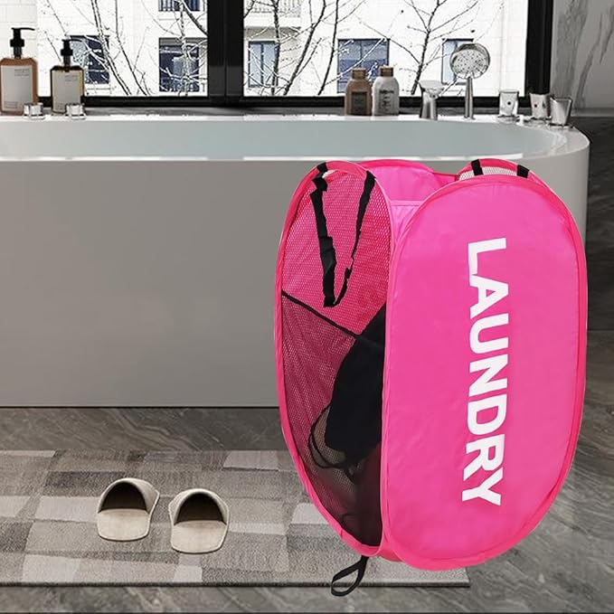 Larpur Pop Up Laundry Baskets, 2 Pack Mesh Laundry Hampers Collapsible Clothes Hampers, Portable Cruise Laundry Hampers for Home, Dorm, Travel (Black + Pink)