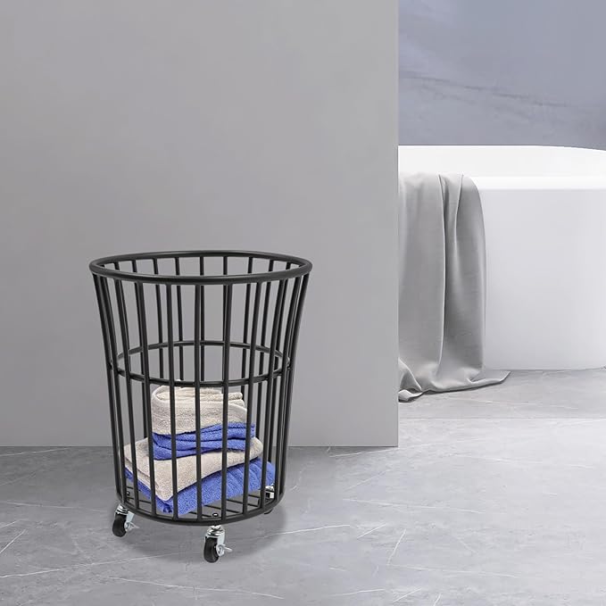 Metal Laundry Basket, Rolling Laundry Hamper with Wheels, Round Mesh Iron Basket Storage Clothes Organizer with Locking Casters for Laundry Room Bathroom Bedroom Closet Dorm (Black)