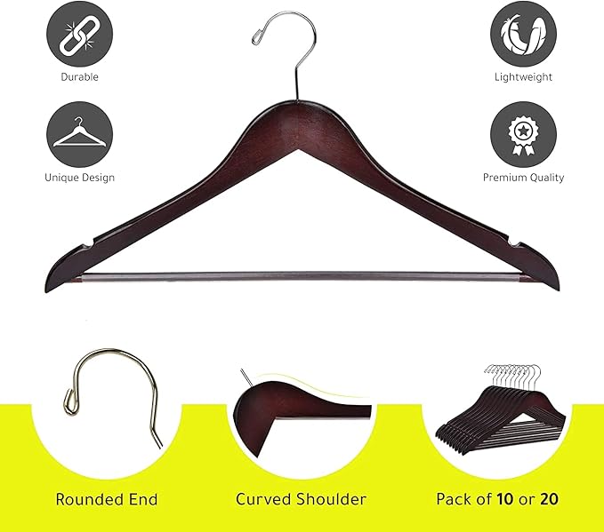 Quality Wooden Hangers - Slightly Curved Hanger 30-Pack Sets - Solid Wood Coat Hangers with Stylish Chrome Hooks - Heavy-Duty Clothes, Jacket, Shirt, Pants, Suit Hangers (Mahogany, 30)