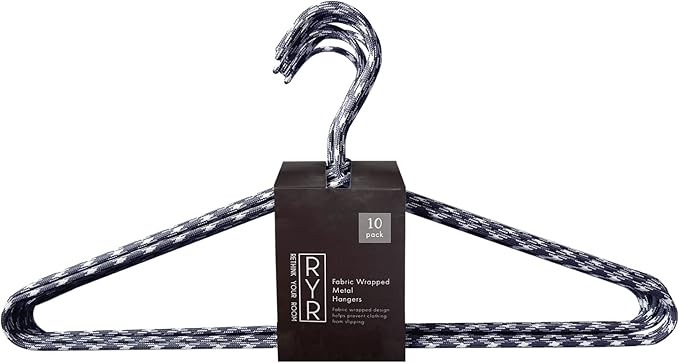 Clothes Hangers 10 Pack Stylish Fabric Wrapped Metal, Space Saving Coat, Velvet, Pant Hangers for Closet Organization, Durable Non-Slip, Navy/White Wardrobe Essentials Bulk Storage