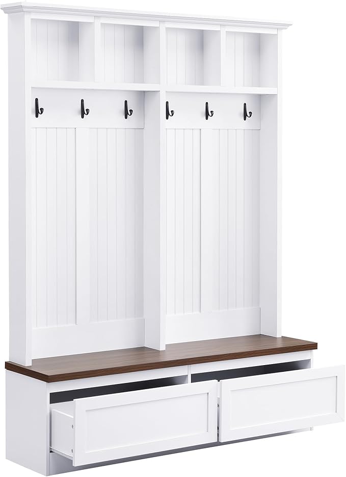 Hall Tree with Storage Bench, Farmhouse 4-in-1 Hall Tree with Wood Grain Bench, 2 Large Drawers, 6 Black Hooks, 4 Storage Compartments, Mudroom Versatile Coat Rack for Hallway, Living Room (White/156)