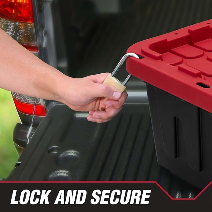 27 Gallon Storage Bins with Lids, Heavy-Duty Plastic Storage Totes with Snap-Lock Lid, 30.6" L x 20.6" W Stackable Bins for Outdoor, Garage, Basement & Indoor Organization, Black Base & Red Lid