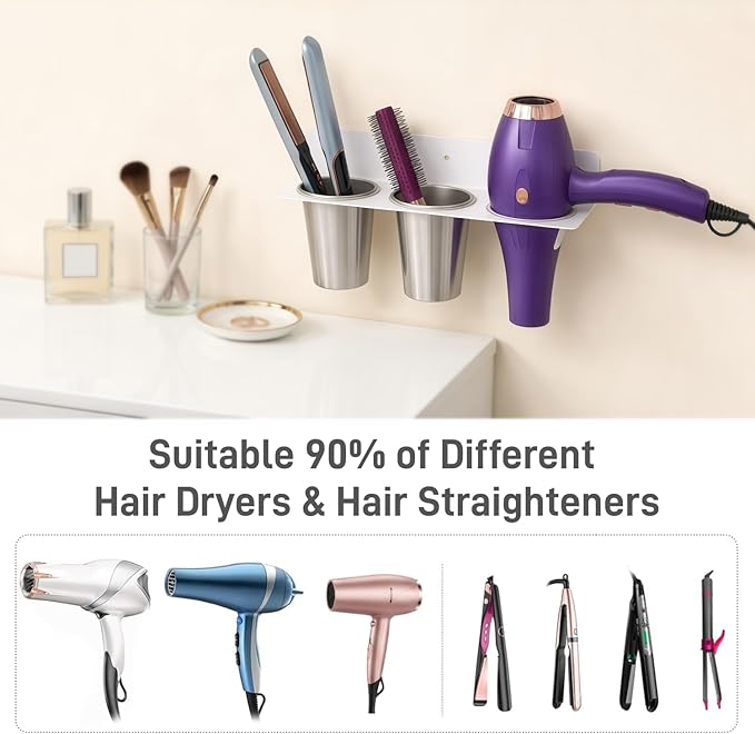 Hair Tool Organizer Wall Mount, Aluminum Alloy Curling Iron Holder Wall Mount, Hair Dryer and Straightener Holder with 2 Stainless Steel Cups 3-in-1 Storage for Bathroom Vanity Salon White PTALSEAW