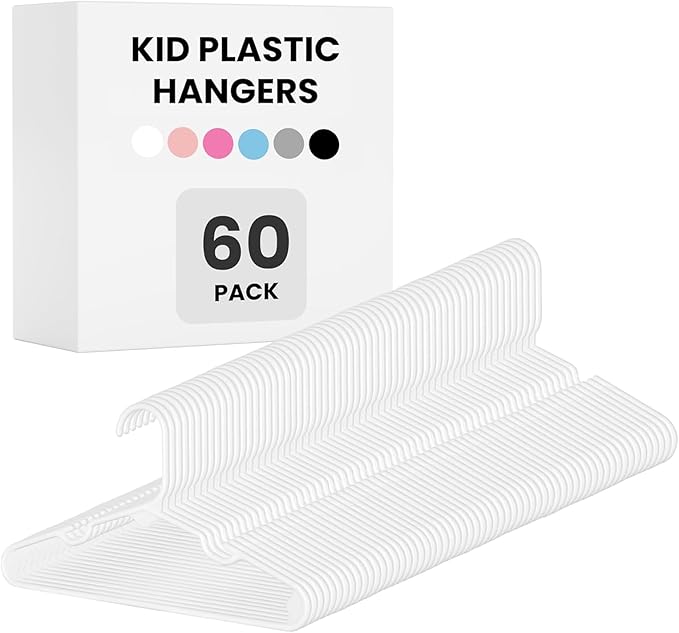 InfiniPower 60-Pack Kids Plastic Hangers, 11.5" Non-Slip & Space-Saving Hangers for Toddler & Infant Clothes, Shirts, Pants, Coats, Skirts, White