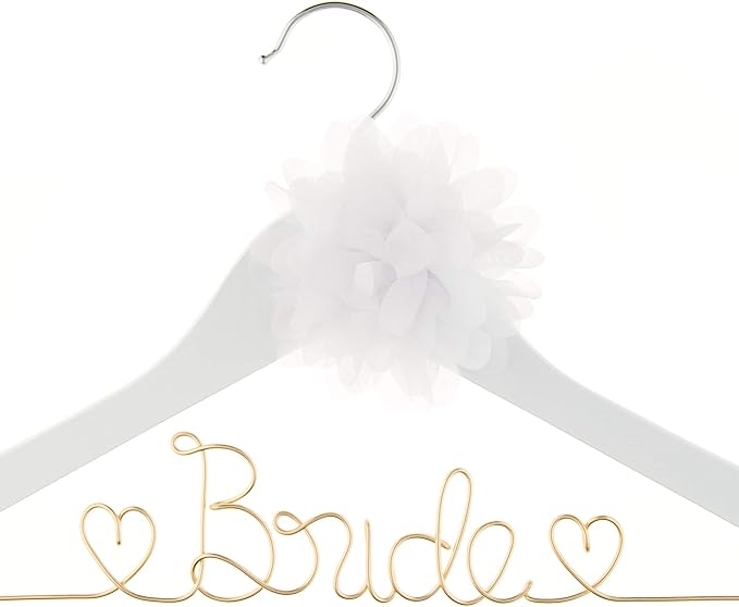 Ella Celebration Bride to Be Wedding Dress Hanger Wooden and Wire Hangers for Brides Gowns, Dresses (White with Light Gold)