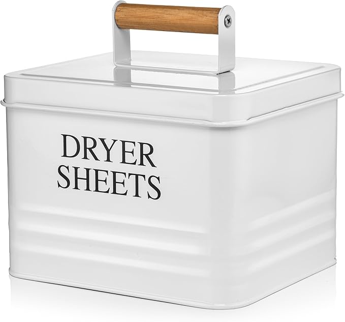 Calindiana Modern Farmhouse Metal Laundry Dryer Sheets Holder Fabric Softener Dispenser with Lid for Laundry Room Decor and Accessories and Space Saving Laundry Organization and Storage, White