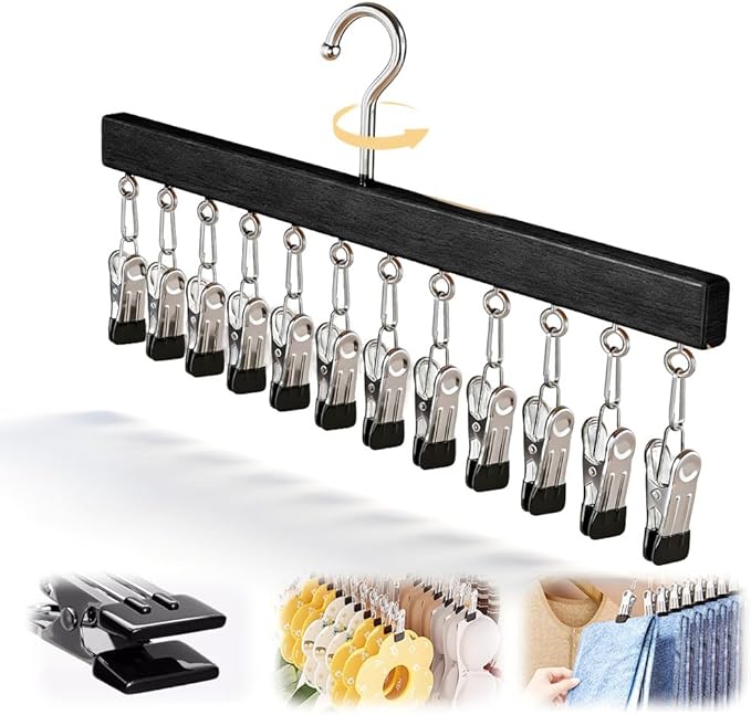 Legging Hangers for Closet, 2026 New Closet Organizer with Clips, 360° Rotating Space Saving Hanging Closet Organizer for Leggings Socks Hats Jeans (Black-12 Clips, 1PC)