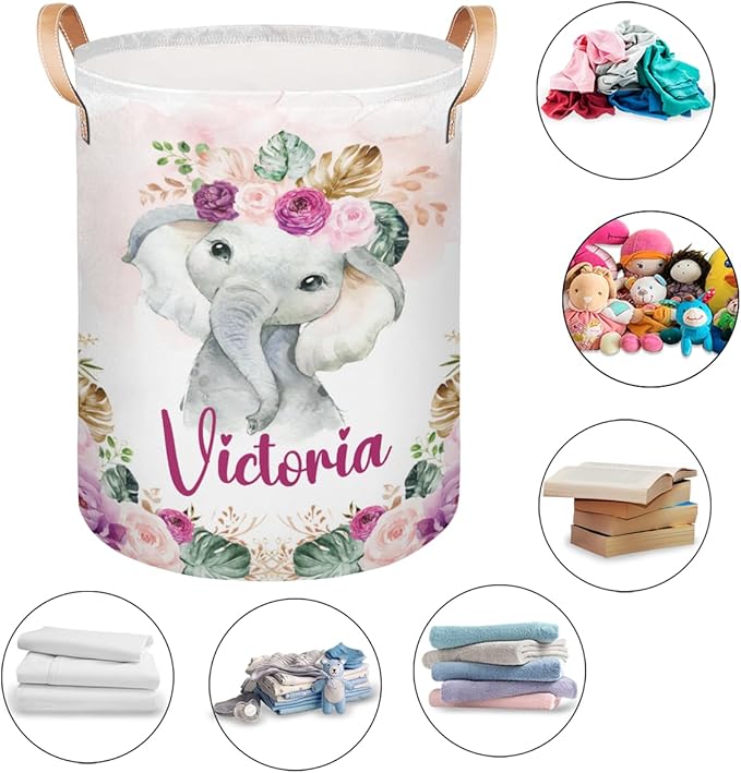 Personalized Laundry Basket, Custom Gift Laundry Hamper, Collapsible Nursery Waterproof Laundry Baskets, Dirty Clothes Toy Hamper with Handles Tropical Elephant