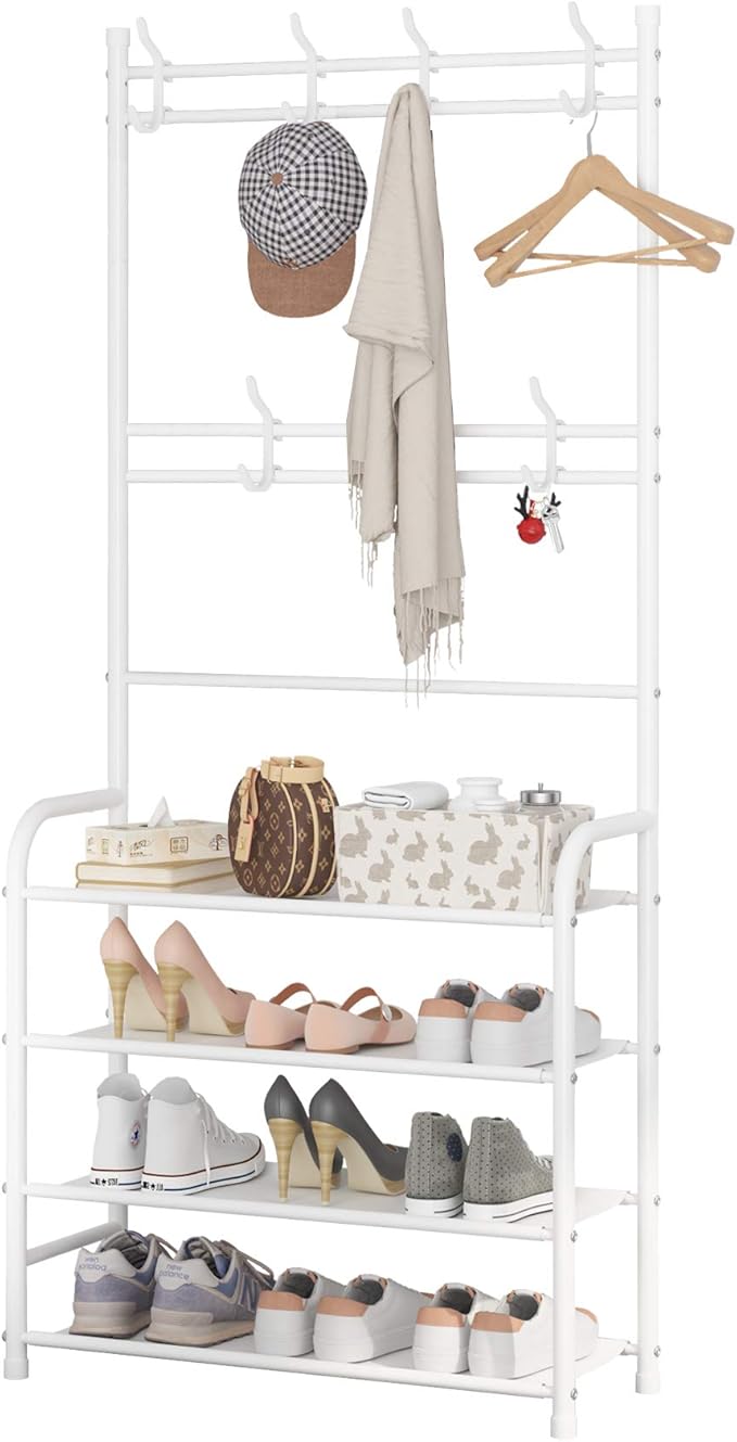 UDEAR Entryway Coat Rack,Hall Tree Storage Shelf,Easy Assembly,with 4-Tier Shelf for Storage Shoes,Clothes,White