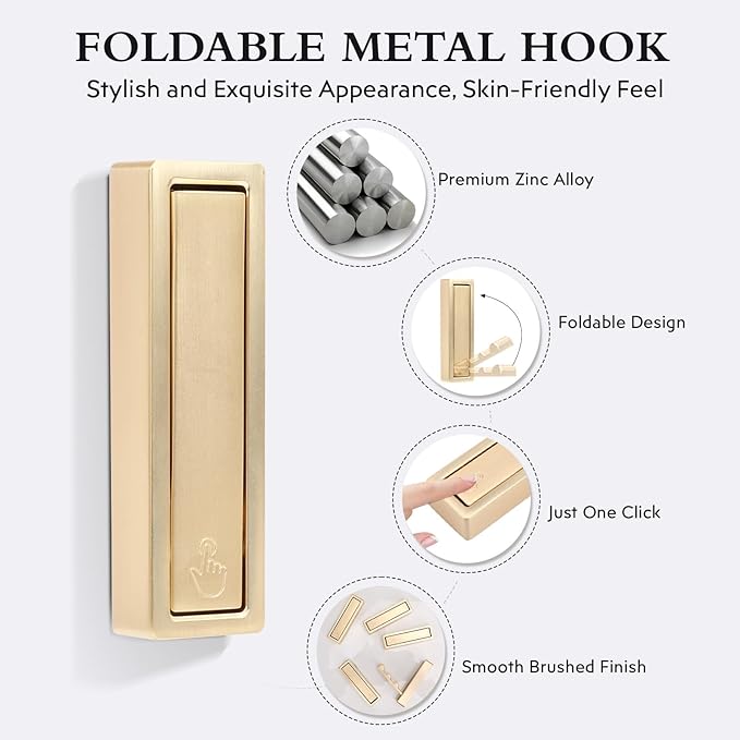 5PCS Heavy Duty Gold Folding Coat Hooks - Zinc Alloy Wall Hooks for Coats, Scarves & Bags - Rustproof, Space-Saving Design for Bathroom, Entryway & Closet - Easy Install with Screws (Gold)