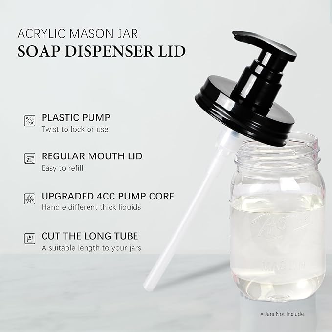 Amolliar Plastic Mason Jar Soap Dispenser Lids(2) - Universal Pump Replacement for Regular Mouth Jar - Long Tubes & Cute Lables -Farmhouse Decor for Kitchen, Bathroom, Dish Soap, Lotions, Hand Soap