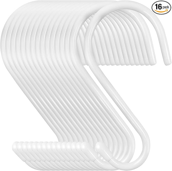 HiGift 16 Pack 6 Inch White Vinyl Coated S Hooks for Hanging Clothes, Purses, Tools, Plants, Heavy Duty, Rust Resistant