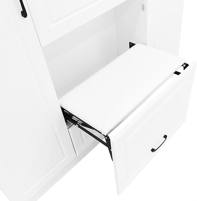 51.1''W Hall Tree with Integrated Shoe Cabinet and Mirrored Cabinet Door, 4-in-1 Design Entryway Coat Hanger with Foldable Seat, 4 Hooks and 2 Drawers for Entrance Living Room