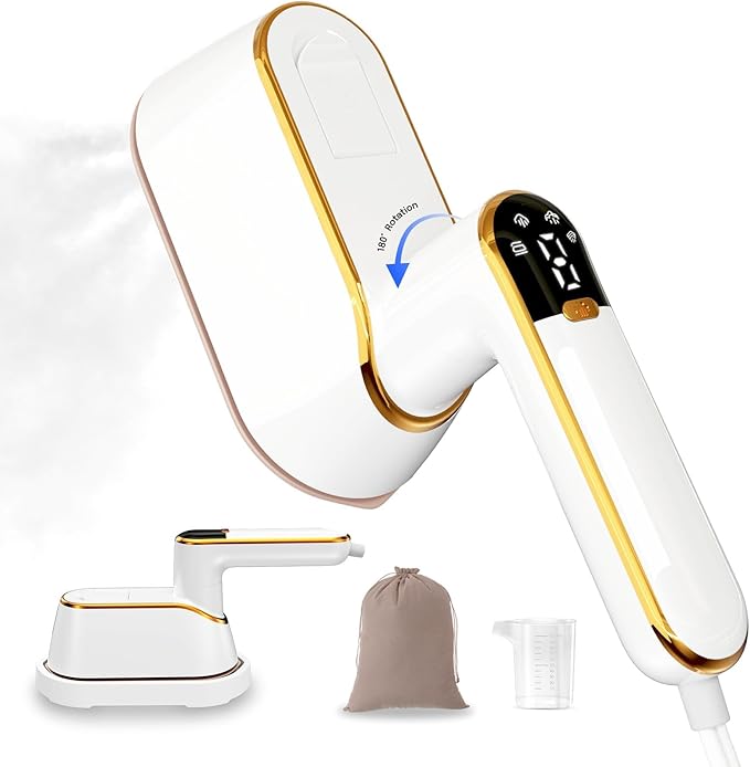 Travel Steamer, 1300W Portable Steamer for Clothes, Quick Heat Plancha a Vapor Para Ropa, 180° Rotating Handle & Ceramic Panel, 2-IN-1 Mini Iron With LCD for Home & Travel Use