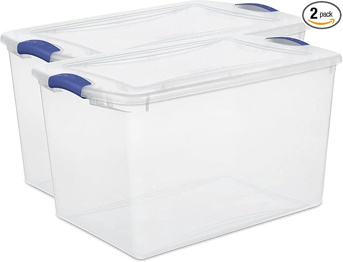 2-Pack Transparent Storage Box,66 Quart Capacity Storage Container with lock cover,Plastic,Stackable storage solution ideal for organizing items in households,Educational institutions,and warehouses.