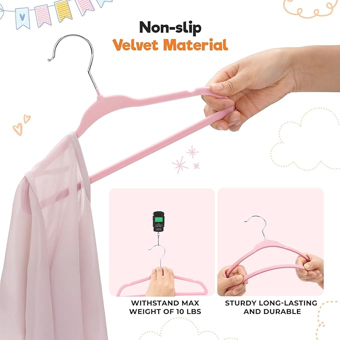 Velvet Baby Hangers with 10x Clips and 8X Dividers (30 Pack) | 11” Ultra-Slim Baby Clothes Hangers | Non-Slip Felt | Space-Saving Nursery & Infant Closet Organizer | Pink