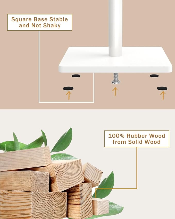 Yawinhe Coat Rack, Sturdy Woode Stand Tree with 8 Hooks, 3 Adjustable Height for Bedroom, Hallway, Entrance, Office, 11.8 x 70.8 inches, White, 1-Pack, Square Base