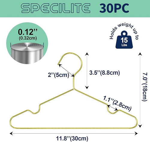 SPECILITE 30 Pack 11.8” Gold Kids Baby Metal Hangers with Notches for Toddler Clothes, Shirt, Children Coats, Infant Dress, Pants, 0.12" Thick Space Saving, Heavy Duty