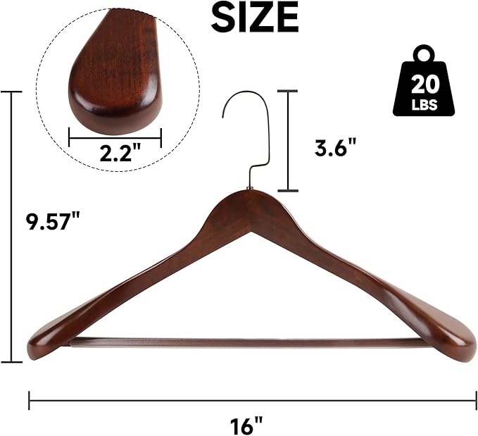 16-Inch Wooden Suit Hangers with Non Slip Pants Bar, 12-Pack Wood Extra-Wide Shoulder Hangers, Flat-Head Hook Hangers for Suits, Coats, Jackets, Shirts, Pants, and Heavy Clothes (Walnut)