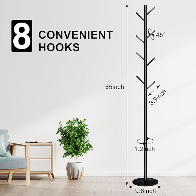 Coat Rack with Natural Marble Base, Metal Freestanding Coat Rack with 8 Hooks, Heavy Duty Coat Hanger Stand for Jacket,Coats,Hats,Scarves & Handbags for Bedroom, Hallway, Entrance,Office,Dorm (Black)