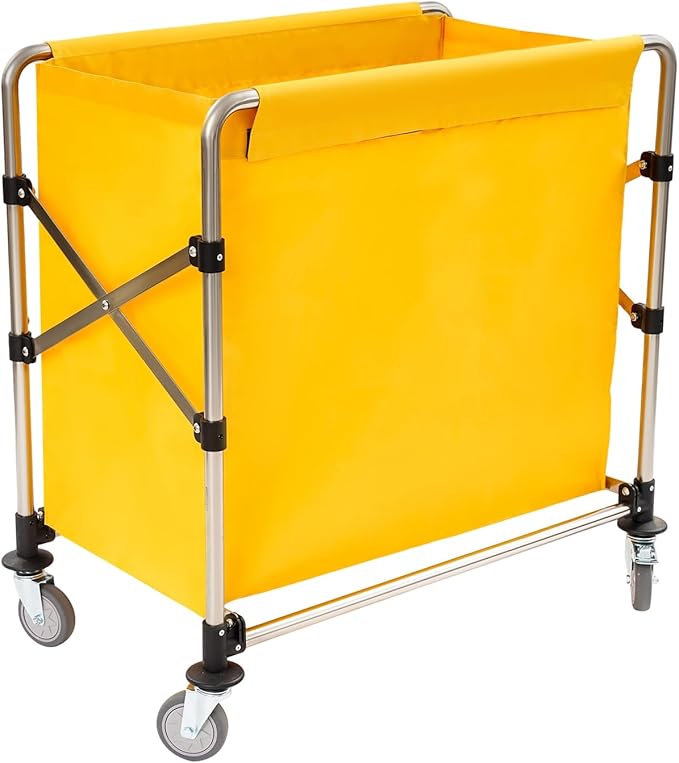 Commercial Laundry Cart with Wheels, 220lbs Foldable Laundry Cart with 4 Locking Wheels and Oxford Cloth for Home, Dorm, Hotel, and Commercial Use (Yellow)