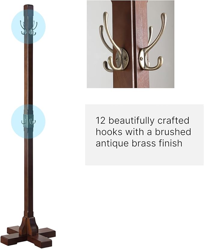 Proman Products Windsor Freestanding Wooden Coat Rack Stand with 12 Hanger Hooks for Clothes, Hats, Purses, Bags at Entryway, Bedroom, Living Room, Office, Mudroom, Walnut