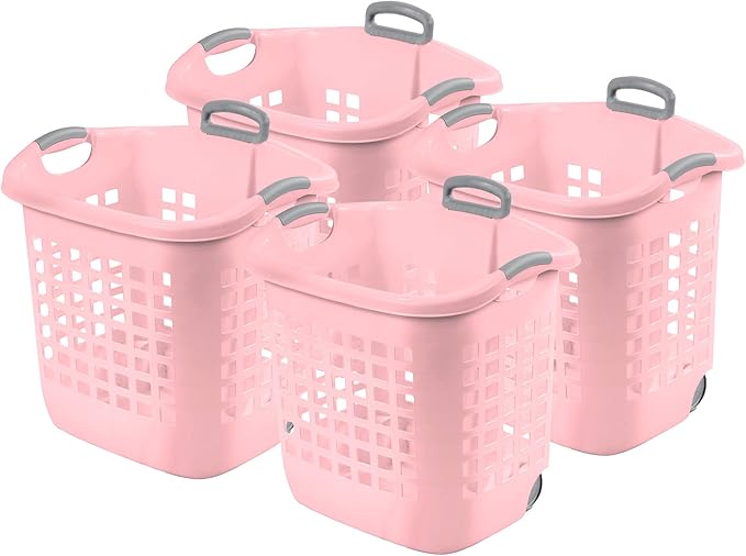 Sterilite 4 Pack Ultra Wheeled Laundry Basket, Plastic Clothes Hamper Bin with Wheels and Retractable Handle, 1.7 Bushel Capacity, Pink Frost
