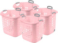 Sterilite 4 Pack Ultra Wheeled Laundry Basket, Plastic Clothes Hamper Bin with Wheels and Retractable Handle, 1.7 Bushel Capacity, Pink Frost