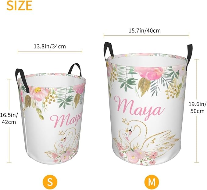 Personalized Laundry Basket for Nursery, Custom Nursery Laundry Hamper with Name, Customize Baby Clothes Circular Hamper for Boys Girls Room Decor, Floral Swan