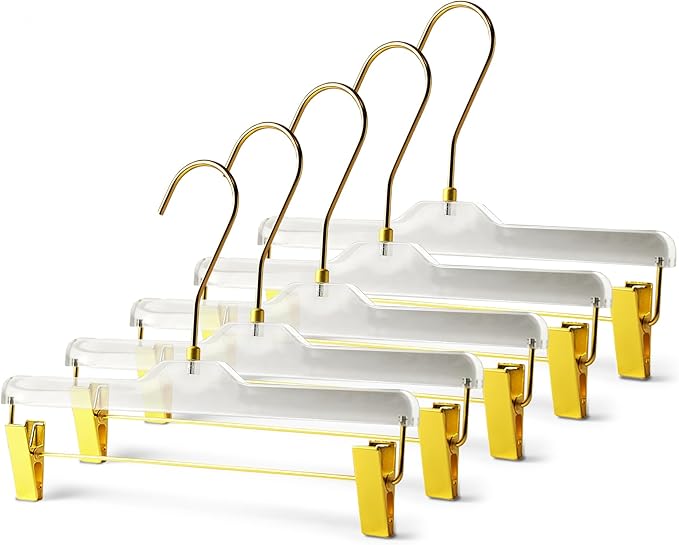 Acrylic Clip-Hangers White for Pants, Skirts and Shorts with 360 Degree Silver/Golden Hook | Space Saving & Non-Slip | 5 Pack