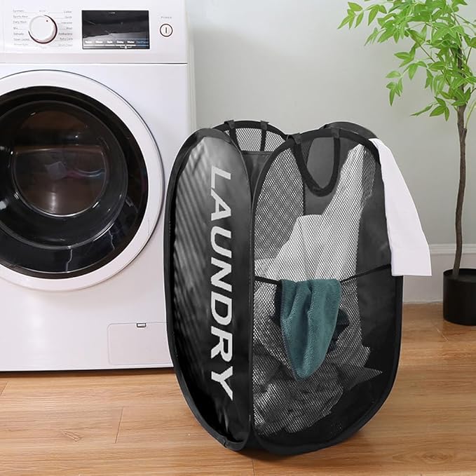 Pop Up Laundry Hampers, Collapsible Mesh Laundry Baskets, 2 Pack Black Clothes Hampers Storage Baskets for Home, Dorm, Travel