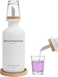White Glass Mouthwash Dispenser for Bathroom by Brighter Barns - Mouth Wash Dispensers with Stainless Steel Spout, Mouthwash Cup, Tray - Minimalist Bathroom Decor for Hotel, Spa, Dental Office (White)