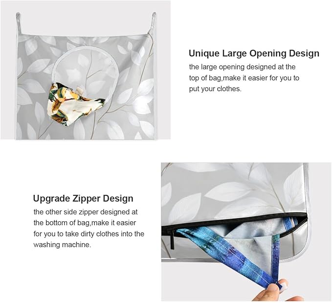 Grey Simple Leaves Hanging Laundry Hamper Door Hampers Bag Basket with Stainless Steel Hooks Oxford Fabric Printing Decorative Clothes Bags 29.5X20inch 2Pack