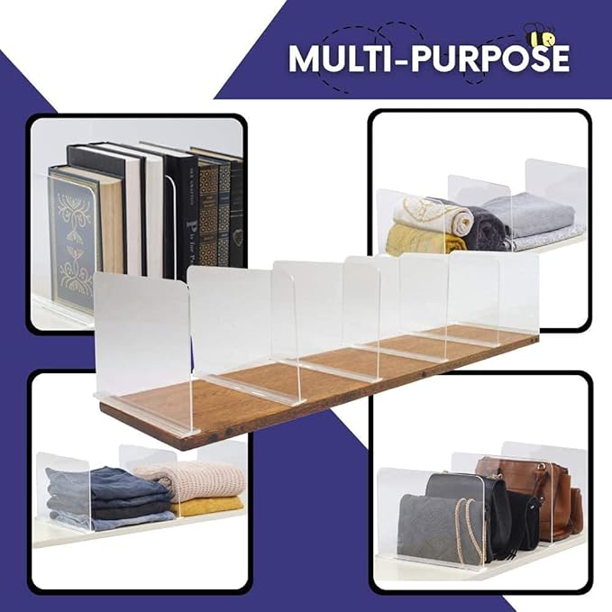 Bee Neat Closet Organization with Acrylic Clear Shelf Dividers - Closet Shelf Organizer for Clothes, Towels, Sweaters, Purses, and Books - Shelf Separators - 6 Pack (8" Tall 11 ⅝" Deep)