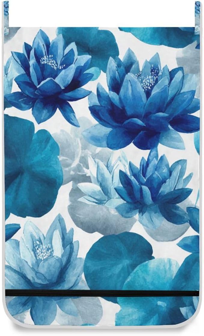 Ink Blue Lotus Flower Hanging Laundry Hamper Door Hampers Bag Basket with Stainless Steel Hooks Oxford Fabric Printing Decorative Clothes Bags 29.5X20inch 1Pack