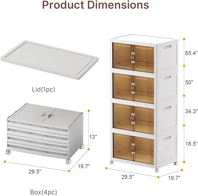 Extra Large Stackable Storage Bins, Lockable Storage Bins with Lids, Folding Storage box with Doors and Wheels, Collapsible Plastic Drawers for Home, Garage, Office (4, White, Extra Large)