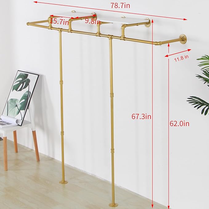 Gold pipe clothing rack for Hanging Clothes rack,Wall Mounted Clothes Rack With 2 Shelves,Heavy Duty Gold Industrial Pipe Clothing,Retail Display Closet Storage Clothes Organizer