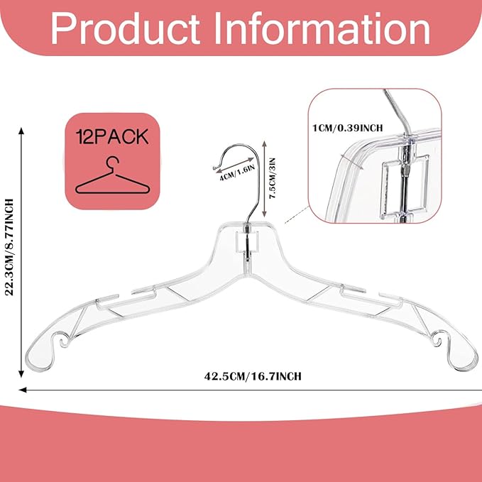 12 Pack Clear Plastic Hangers, 16.7 Inch Shirt Hanger, Clear Acrylic Hanger with 360 Swivel Metal Hook and Notches, Space Saving Heavy Duty, Dress Hangers for Clothes Shirts Dresses