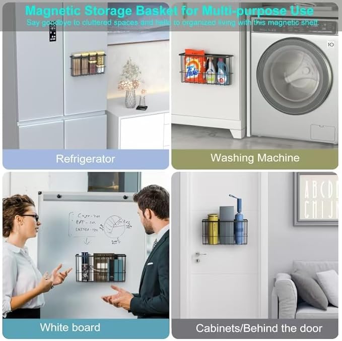 Magnetic Refrigerator Baskets, Fridge Spice Rack Organizer with Hooks, Strong Magnet Metal Hanging Wire Storage Basket Storage Bin Box Container for Pegboard /Refrigerator/Whiteboard/Locker-Black