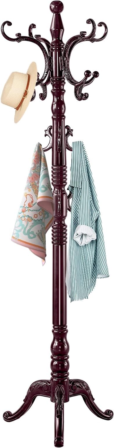 ZOZOE Wooden Classic Coat Rack Stand, Solid Wood Coat Rack Freestanding with 14 Hooks, Vintage Coat Racks with Sturdy Triangle Base, Natural Birch Wood Coat Clothes Tree Stand for Entryway Hallway
