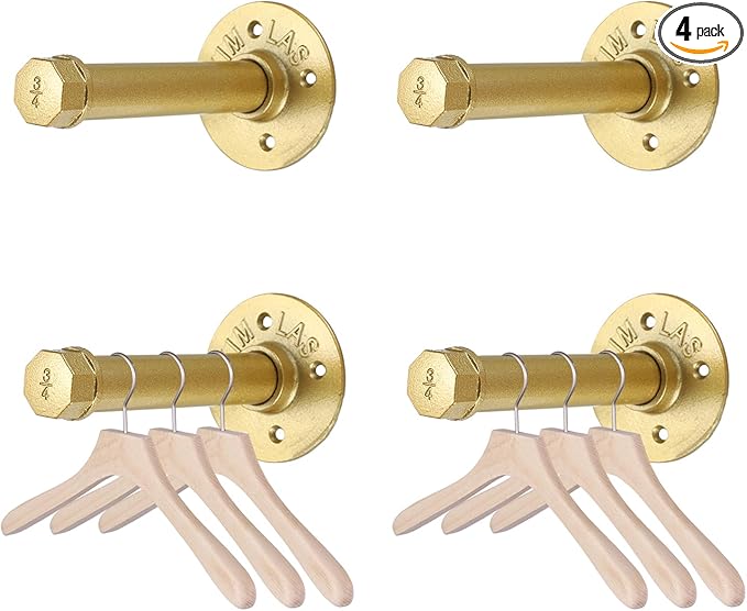 BTSKY 4 Pack Gold 6 Inch Iron Industrial Pipe Clothes Rack with Screws, Heavy Duty Wall Mounted Clothing Hanging Rod Shelving Brackets for Laundry Room Retail Store