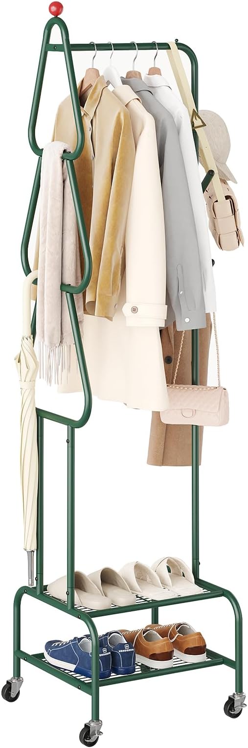 Coat Rack with Wheels, 4 Hooks Rolling Garment Rack, 360° Swivel Wheels with Brake, Heavy Duty Metal Rustproof for Entryway Bedroom