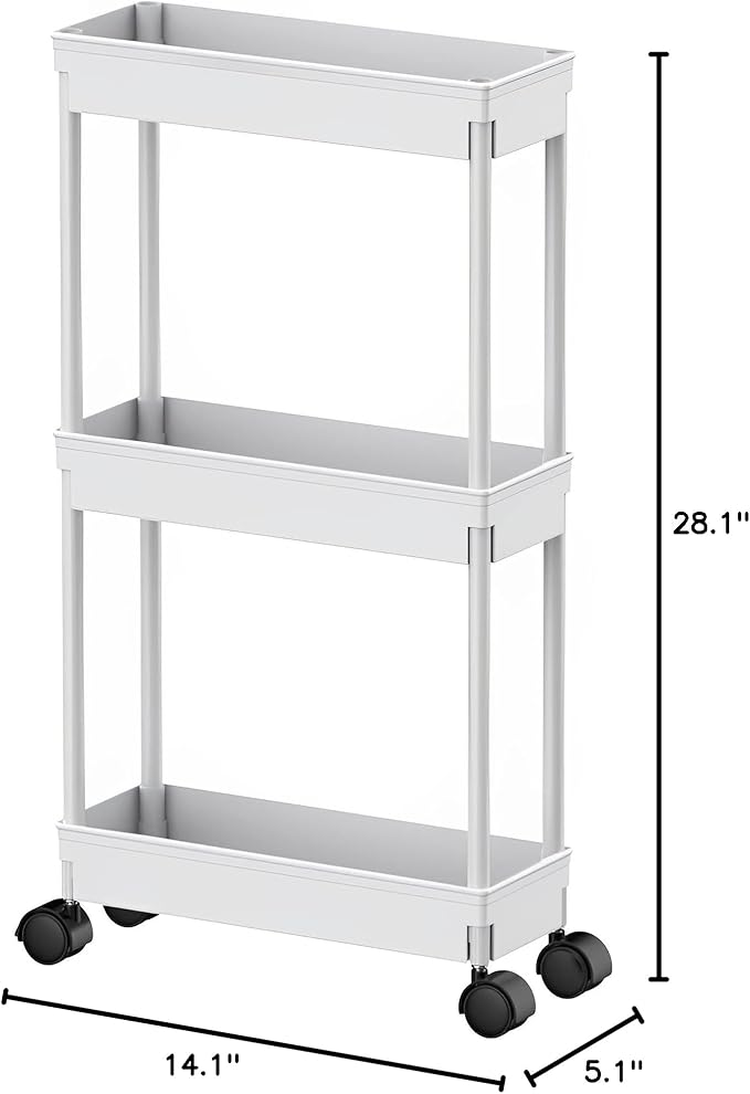 Sooyee 3 Tier Rolling Cart with Wheels,Slim Storage Cart,Under Desk Narrow Rolling Utility Cart Storage Organizer for Office Bathroom Kitchen Laundry Room Narrow Places, White