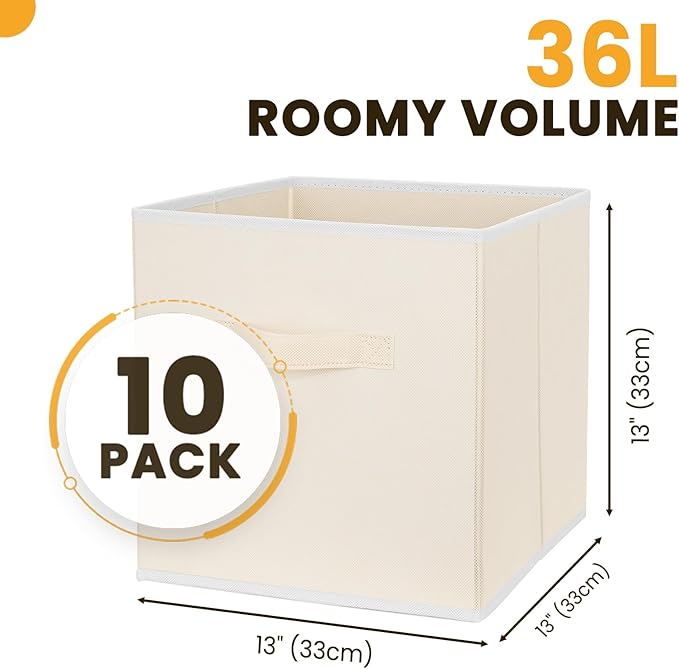Criusia Large Storage Cubes, 13 Inch Cube Storage Bins for Shelves Closet Nursery Bedroom - 10 Pack Collapsible Storage Baskets with Handles - Fabric Bins for Organizing Clothes Blanket Toys (Beige)