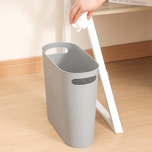 rejomiik Small Trash Can, 3.5 Gallon Slim Garbage Can Plastic Waste Basket with Handles Container Bin for Narrow Spaces Bathroom, Bedroom, Kitchen, Office at Home, Grey